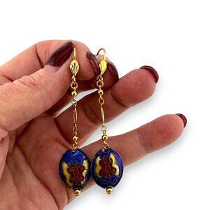 Blue and Red Floral Cloisonne Earrings